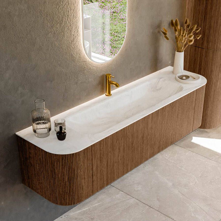 Mondiaz KURVE-DLUX 170cm badmeubel met module 25 Len R kleur Walnut met 1 lade en 2 deuren. Wastafel BIG LARGE midden 1 kraangat kleur Ostra. KRVBGL170L+R1L2D1KM-Wal Ost