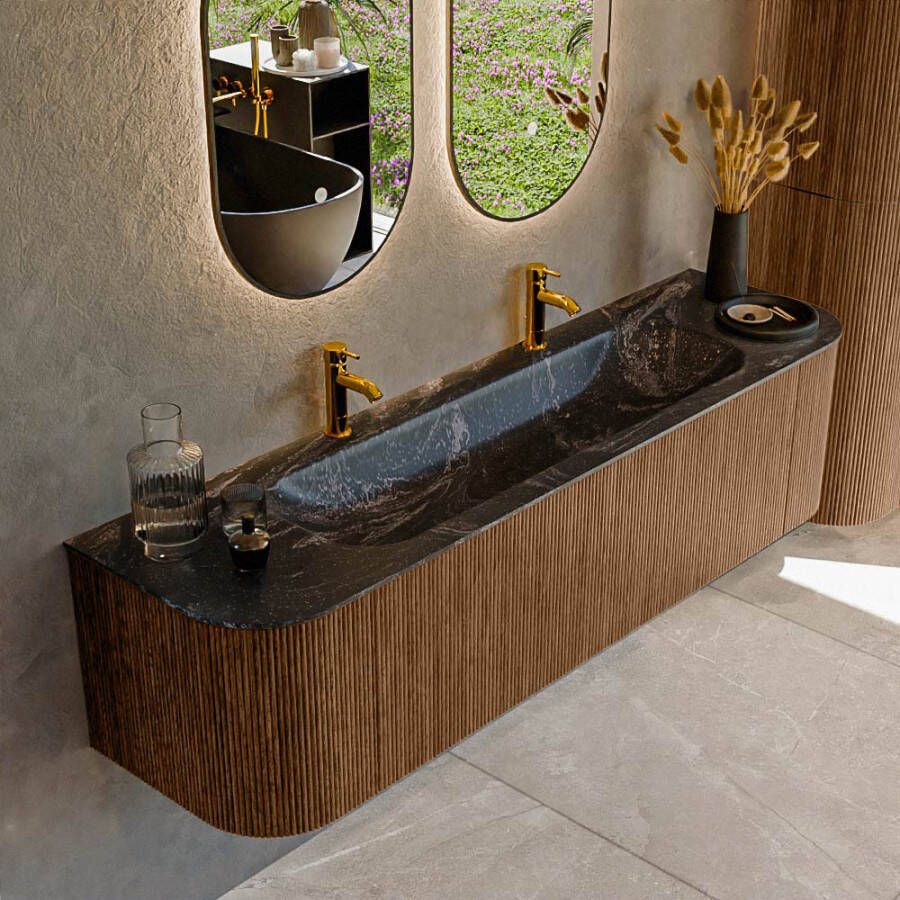 Mondiaz KURVE-DLUX 170cm badmeubel met module 25 Len R kleur Walnut met 1 lade en 2 deuren. Wastafel BIG LARGE midden 2 kraangaten kleur Lava. KRVBGL170L+R1L2D2KM-Wal Lav