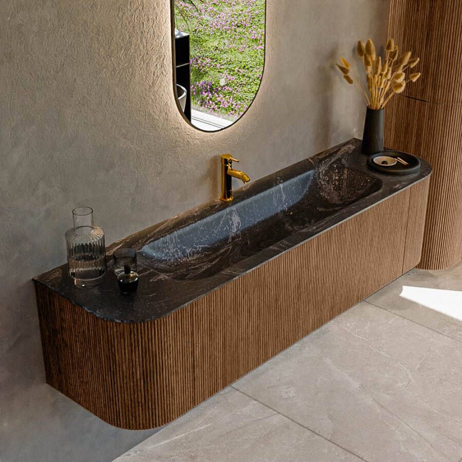 Mondiaz KURVE-DLUX 170cm badmeubel met module 25 Len R kleur Walnut met 1 lade en 2 deuren. Wastafel BIG LARGE midden 1 kraangat kleur Lava. KRVBGL170L+R1L2D1KM-Wal Lav