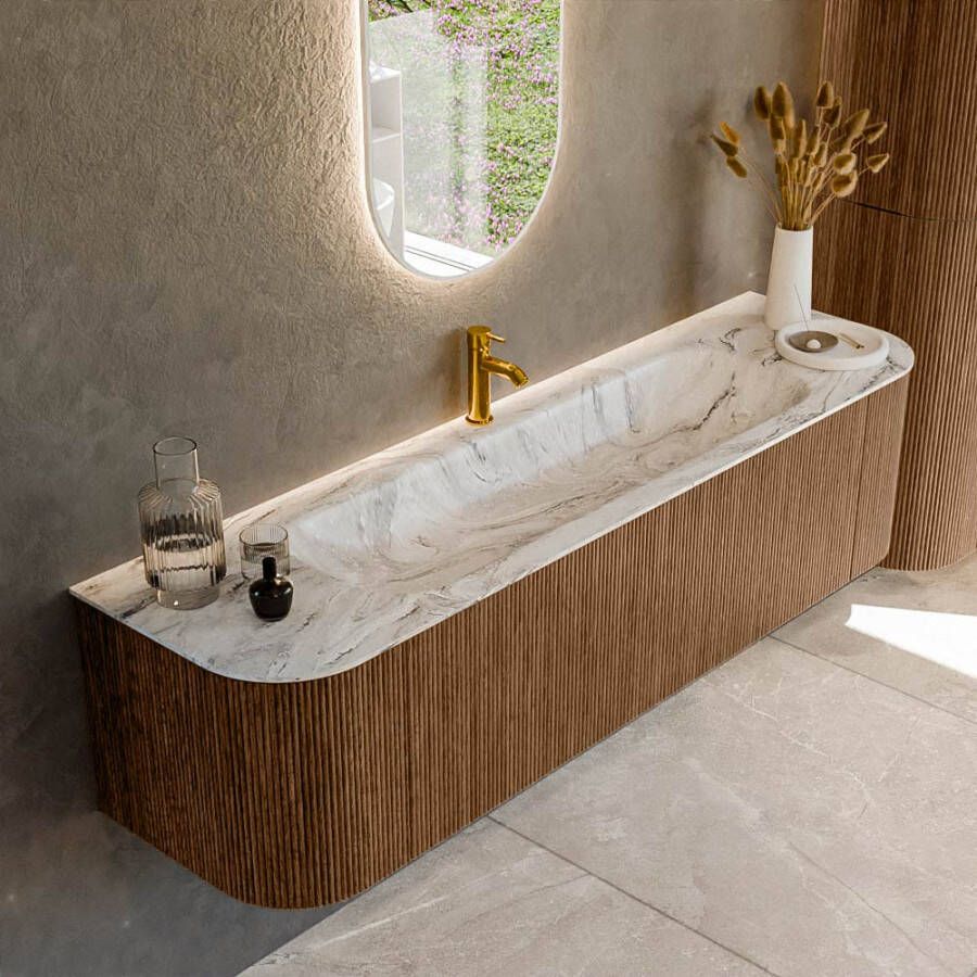 Mondiaz KURVE-DLUX 170cm badmeubel met module 25 Len R kleur Walnut met 1 lade en 2 deuren. Wastafel BIG LARGE midden 1 kraangat kleur Glace. KRVBGL170L+R1L2D1KM-Wal Gla