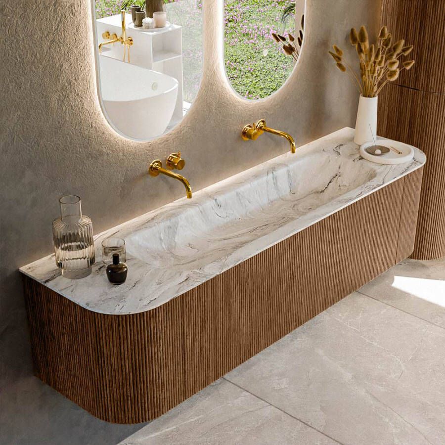 Mondiaz KURVE-DLUX 170cm badmeubel met module 25 Len R kleur Walnut met 1 lade en 2 deuren. Wastafel BIG LARGE midden zonder kraangat kleur Glace. KRVBGL170L+R1L2D0KM-Wal Gla
