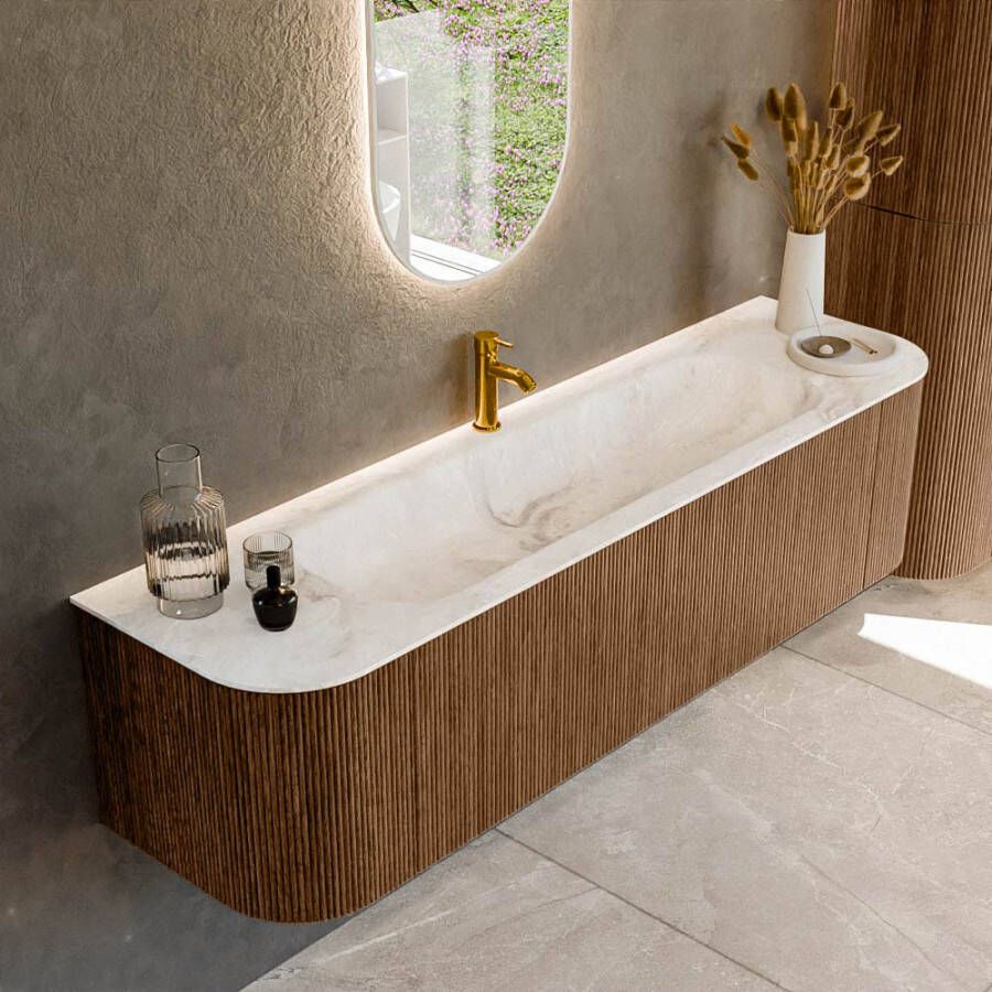 Mondiaz KURVE-DLUX 170cm badmeubel met module 25 Len R kleur Walnut met 1 lade en 2 deuren. Wastafel BIG LARGE midden 1 kraangat kleur Frappe. KRVBGL170L+R1L2D1KM-Wal Fra
