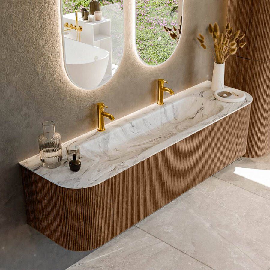 Mondiaz KURVE-DLUX 170cm badmeubel met module 25 Len R kleur Walnut met 1 lade en 2 deuren. Wastafel BIG LARGE midden 2 kraangaten kleur Glace. KRVBGL170L+R1L2D2KM-Wal Gla