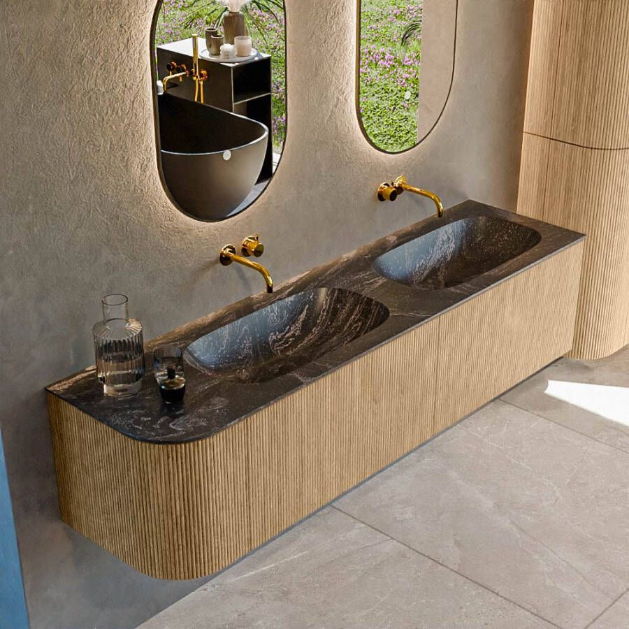 Mondiaz KURVE-DLUX 175cm badmeubel met module 25 L kleur Oak met 2 lades en 1 deur. Wastafel STOR SMALL dubbel rechts zonder kraangat kleur Lava. KRVSTS175L2L1D0KD-Oak Lav