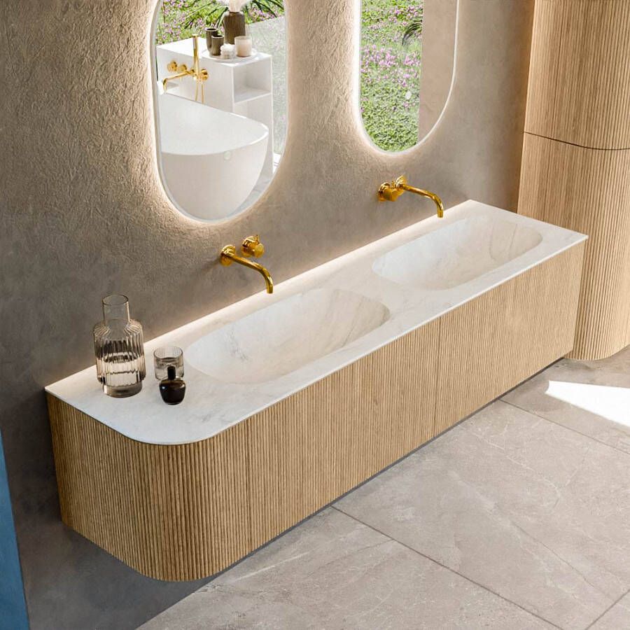 Mondiaz KURVE-DLUX 175cm badmeubel met module 25 L kleur Oak met 2 lades en 1 deur. Wastafel STOR SMALL dubbel rechts zonder kraangat kleur Opalo. KRVSTS175L2L1D0KD-Oak Opa