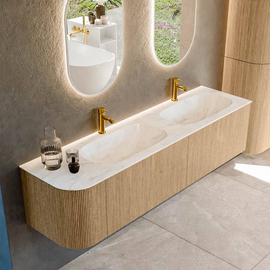 Mondiaz KURVE-DLUX 175cm badmeubel met module 25 L kleur Oak met 2 lades en 1 deur. Wastafel STOR SMALL dubbel rechts 2 kraangaten kleur Ostra. KRVSTS175L2L1D2KD-Oak Ost