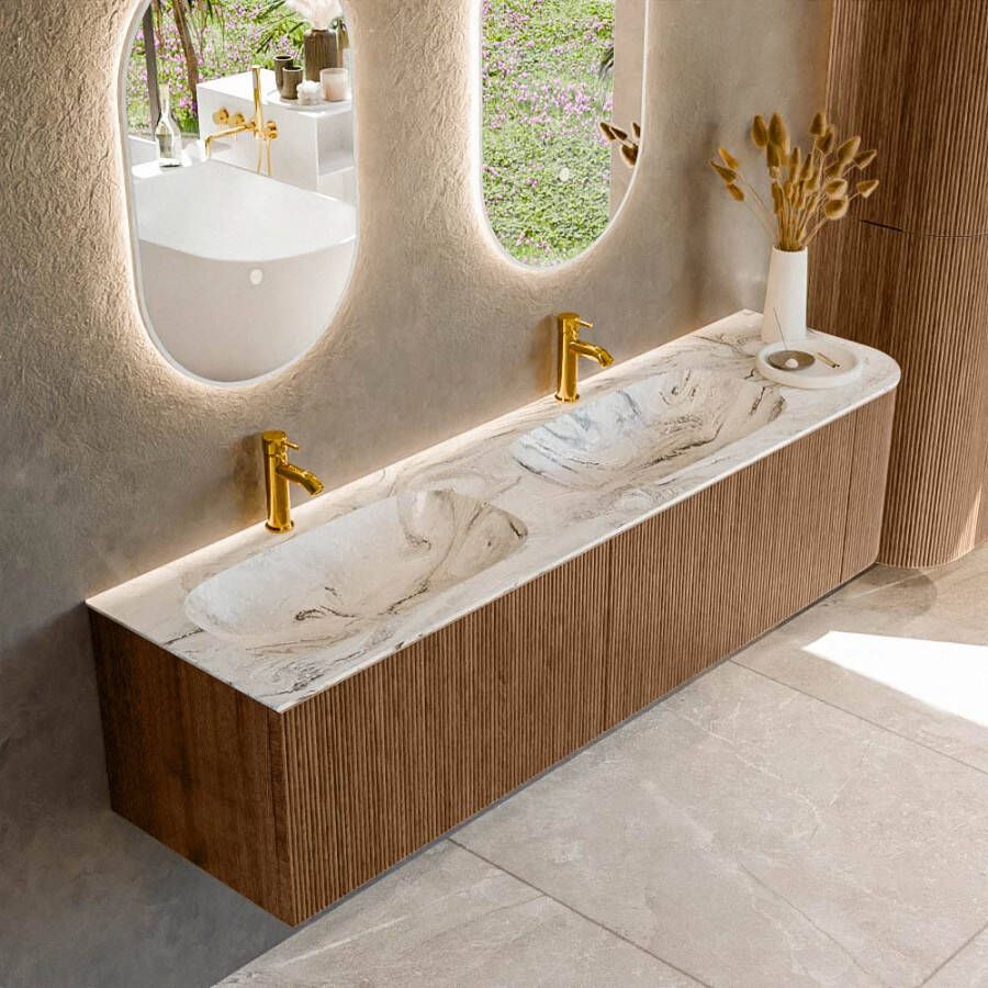 Mondiaz KURVE-DLUX 175cm badmeubel met module 25 R kleur Walnut met 2 lades en 1 deur. Wastafel STOR SMALL dubbel links 2 kraangaten kleur Glace. KRVSTS175R2L1D2KD-Wal Gla
