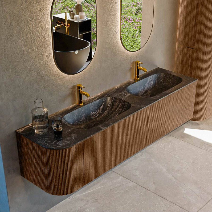 Mondiaz KURVE-DLUX 175cm badmeubel met module 25 L kleur Walnut met 2 lades en 1 deur. Wastafel STOR SMALL dubbel rechts 2 kraangaten kleur Lava. KRVSTS175L2L1D2KD-Wal Lav
