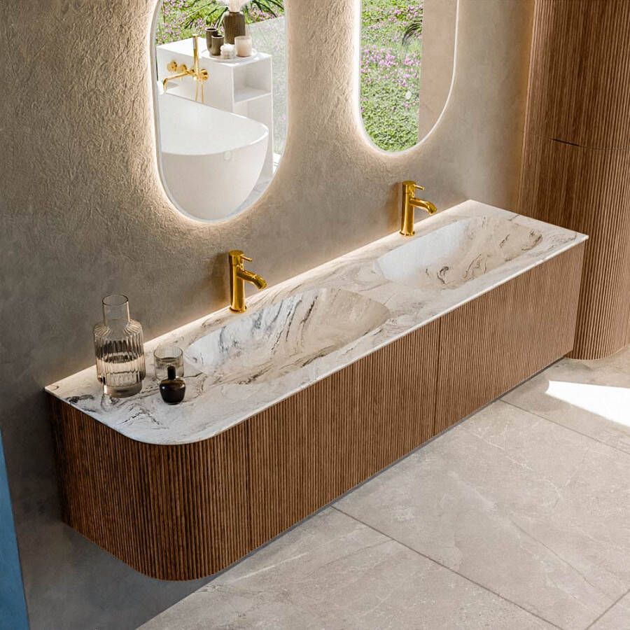 Mondiaz KURVE-DLUX 175cm badmeubel met module 25 L kleur Walnut met 2 lades en 1 deur. Wastafel STOR SMALL dubbel rechts 2 kraangaten kleur Glace. KRVSTS175L2L1D2KD-Wal Gla