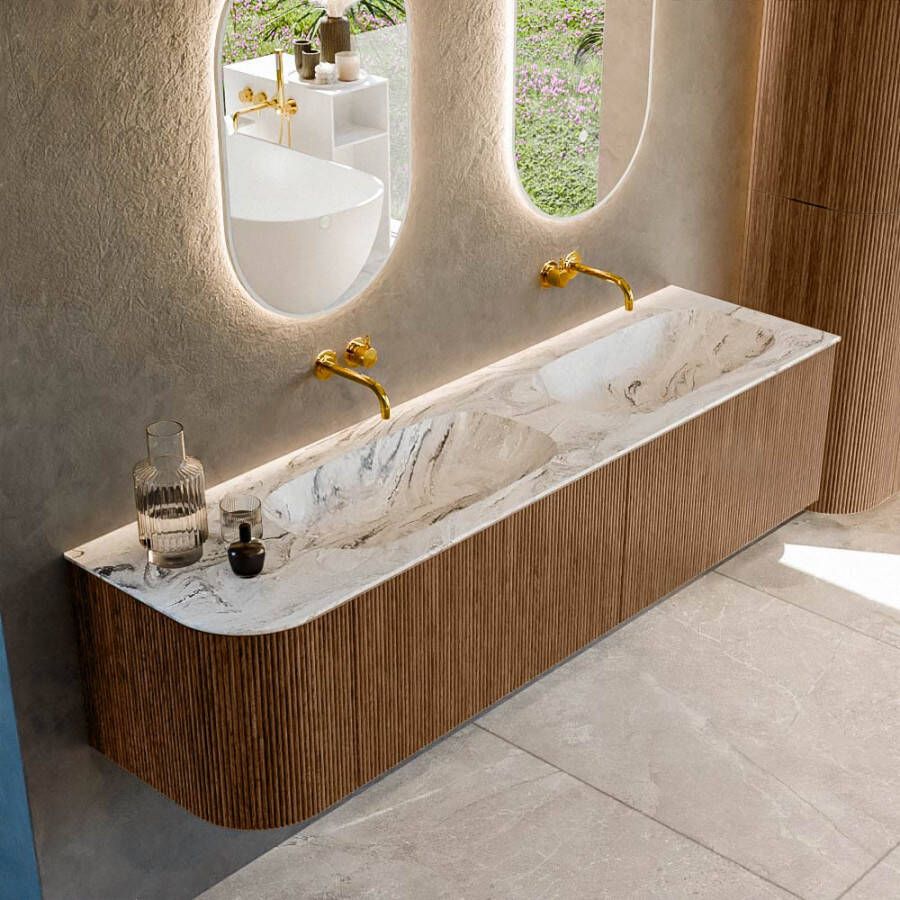 Mondiaz KURVE-DLUX 175cm badmeubel met module 25 L kleur Walnut met 2 lades en 1 deur. Wastafel STOR SMALL dubbel rechts zonder kraangat kleur Glace. KRVSTS175L2L1D0KD-Wal Gla