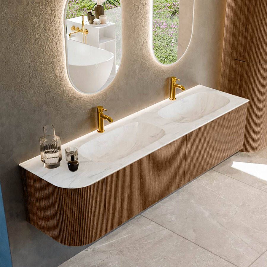 Mondiaz KURVE-DLUX 175cm badmeubel met module 25 L kleur Walnut met 2 lades en 1 deur. Wastafel STOR SMALL dubbel rechts 2 kraangaten kleur Ostra. KRVSTS175L2L1D2KD-Wal Ost
