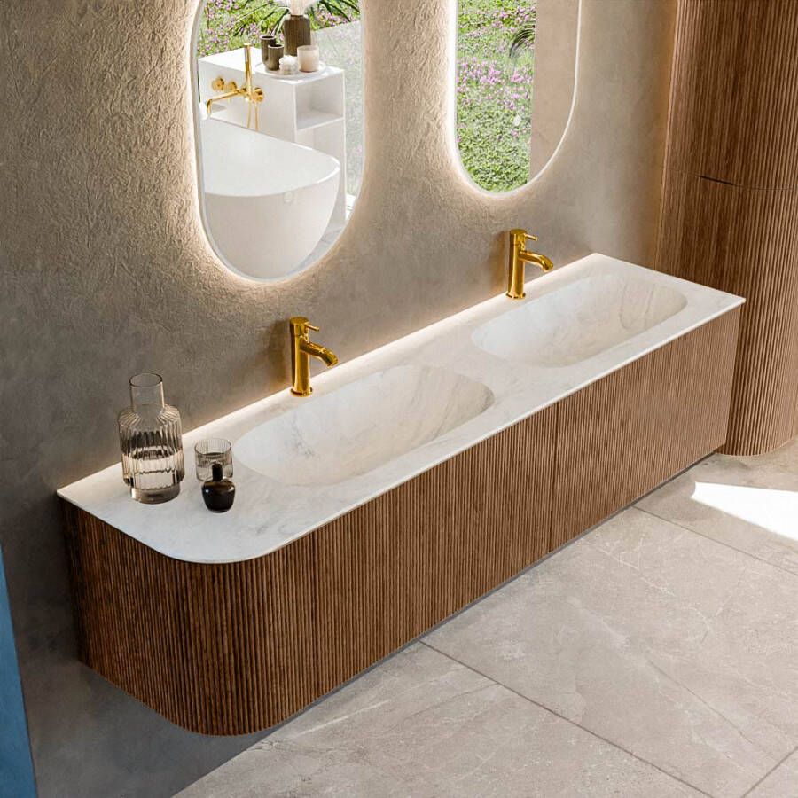 Mondiaz KURVE-DLUX 175cm badmeubel met module 25 L kleur Walnut met 2 lades en 1 deur. Wastafel STOR SMALL dubbel rechts 2 kraangaten kleur Opalo. KRVSTS175L2L1D2KD-Wal Opa