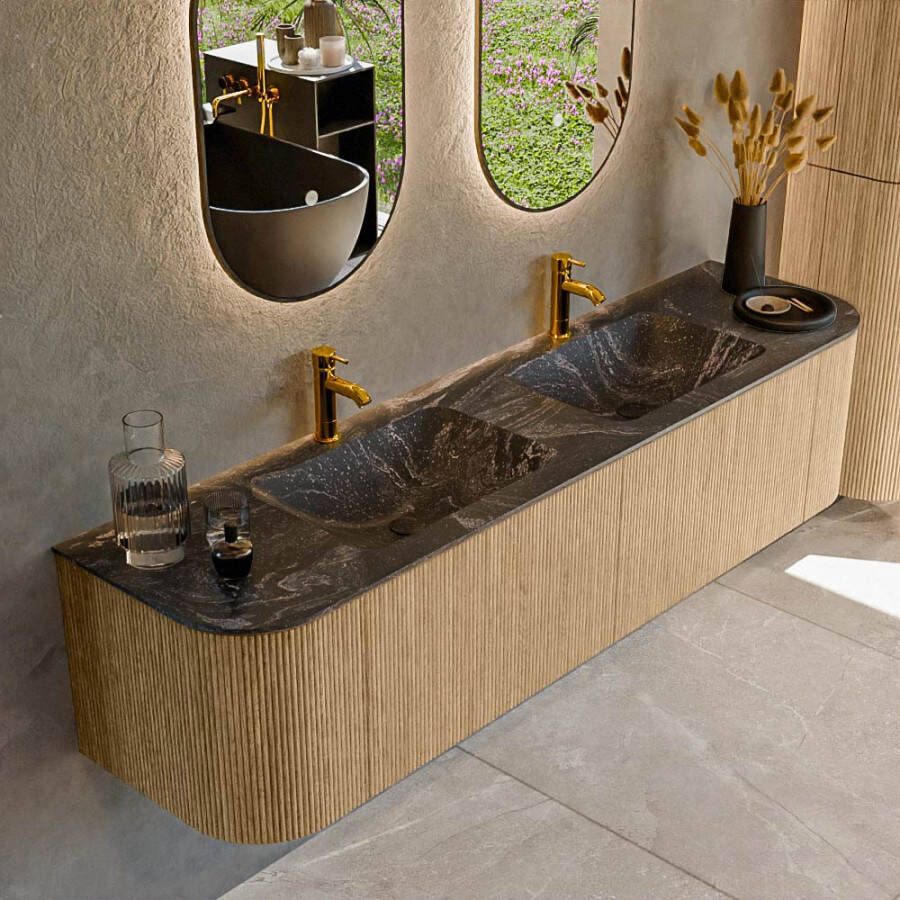 Mondiaz KURVE-DLUX 180cm badmeubel met module 25 Len R kleur Oak met 2 lades en 2 deuren. Wastafel LEAF dubbel 2 kraangaten kleur Lava. KRVLEA180L+R2L2D2KD-Oak Lav