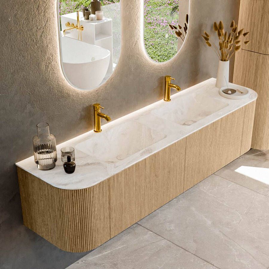 Mondiaz KURVE-DLUX 180cm badmeubel met module 25 Len R kleur Oak met 2 lades en 2 deuren. Wastafel LEAF dubbel 2 kraangaten kleur Frappe. KRVLEA180L+R2L2D2KD-Oak Fra