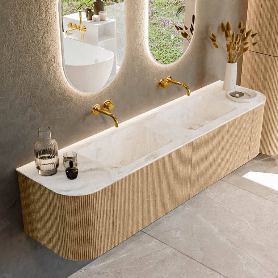 Mondiaz KURVE-DLUX 180cm badmeubel met module 25 Len R kleur Oak met 2 lades en 2 deuren. Wastafel LEAF dubbel zonder kraangat kleur Frappe. KRVLEA180L+R2L2D0KD-Oak Fra