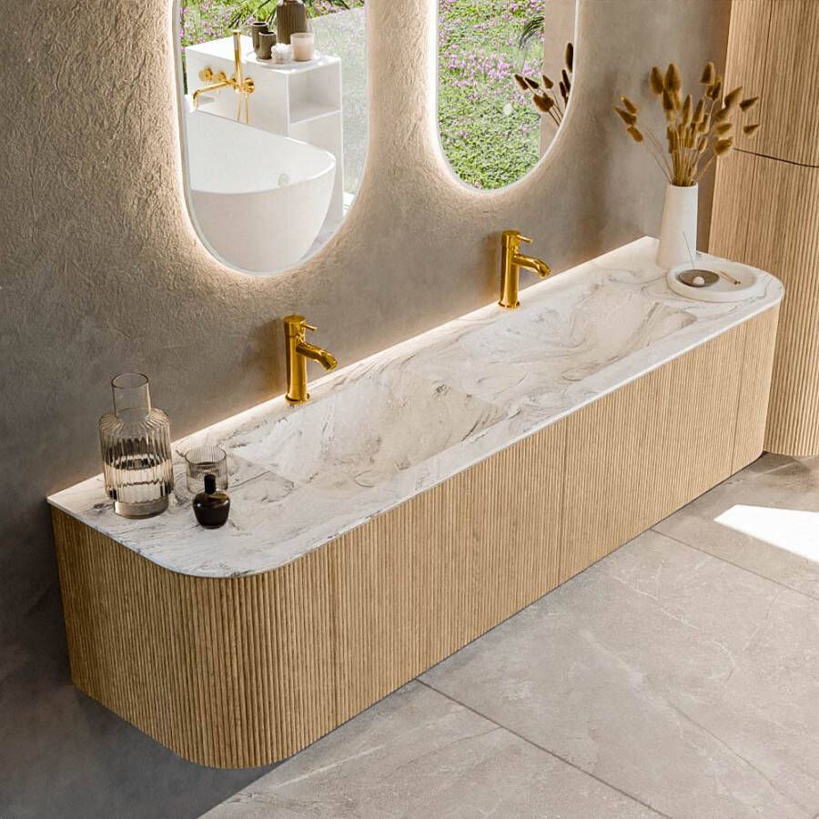 Mondiaz KURVE-DLUX 180cm badmeubel met module 25 Len R kleur Oak met 2 lades en 2 deuren. Wastafel LEAF dubbel 2 kraangaten kleur Glace. KRVLEA180L+R2L2D2KD-Oak Gla