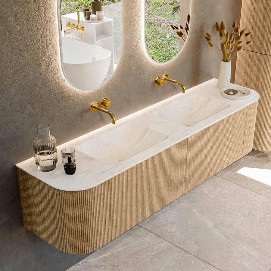 Mondiaz KURVE-DLUX 180cm badmeubel met module 25 Len R kleur Oak met 2 lades en 2 deuren. Wastafel LEAF dubbel zonder kraangat kleur Ostra. KRVLEA180L+R2L2D0KD-Oak Ost
