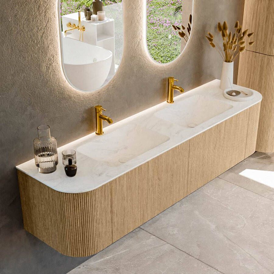 Mondiaz KURVE-DLUX 180cm badmeubel met module 25 Len R kleur Oak met 2 lades en 2 deuren. Wastafel LEAF dubbel 2 kraangaten kleur Opalo. KRVLEA180L+R2L2D2KD-Oak Opa