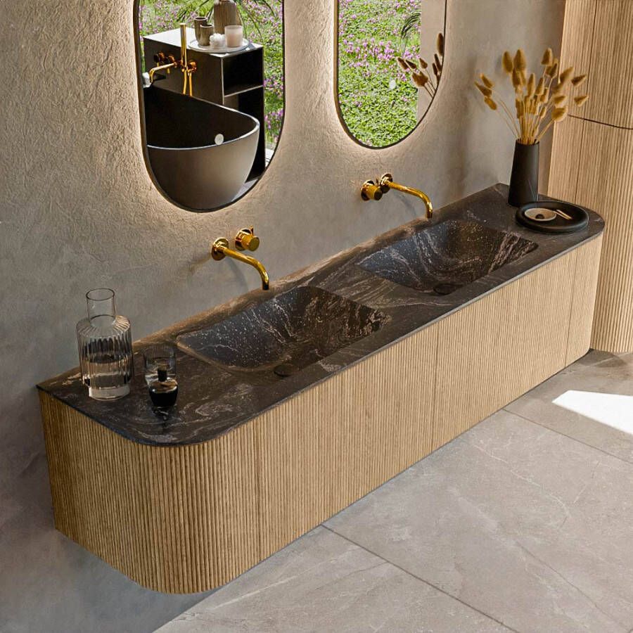 Mondiaz KURVE-DLUX 180cm badmeubel met module 25 Len R kleur Oak met 2 lades en 2 deuren. Wastafel LEAF dubbel zonder kraangat kleur Lava. KRVLEA180L+R2L2D0KD-Oak Lav