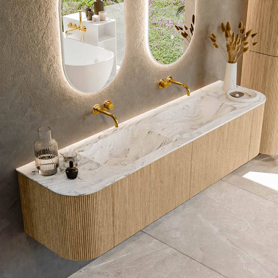Mondiaz KURVE-DLUX 180cm badmeubel met module 25 Len R kleur Oak met 2 lades en 2 deuren. Wastafel LEAF dubbel zonder kraangat kleur Glace. KRVLEA180L+R2L2D0KD-Oak Gla