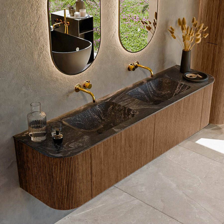 Mondiaz KURVE-DLUX 180cm badmeubel met module 25 Len R kleur Walnut met 2 lades en 2 deuren. Wastafel LEAF dubbel zonder kraangat kleur Lava. KRVLEA180L+R2L2D0KD-Wal Lav