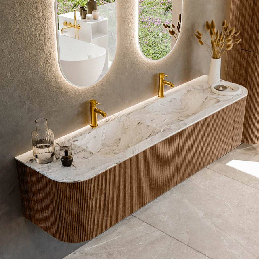 Mondiaz KURVE-DLUX 180cm badmeubel met module 25 Len R kleur Walnut met 2 lades en 2 deuren. Wastafel LEAF dubbel 2 kraangaten kleur Glace. KRVLEA180L+R2L2D2KD-Wal Gla