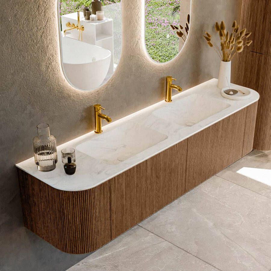 Mondiaz KURVE-DLUX 180cm badmeubel met module 25 Len R kleur Walnut met 2 lades en 2 deuren. Wastafel LEAF dubbel 2 kraangaten kleur Opalo. KRVLEA180L+R2L2D2KD-Wal Opa