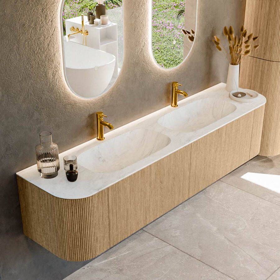 Mondiaz KURVE-DLUX 190cm badmeubel met module 25 Len R kleur Oak met 2 lades en 2 deuren. Wastafel STOR SMALL dubbel 2 kraangaten kleur Opalo. KRVSTS190L+R2L2D2KD-Oak Opa
