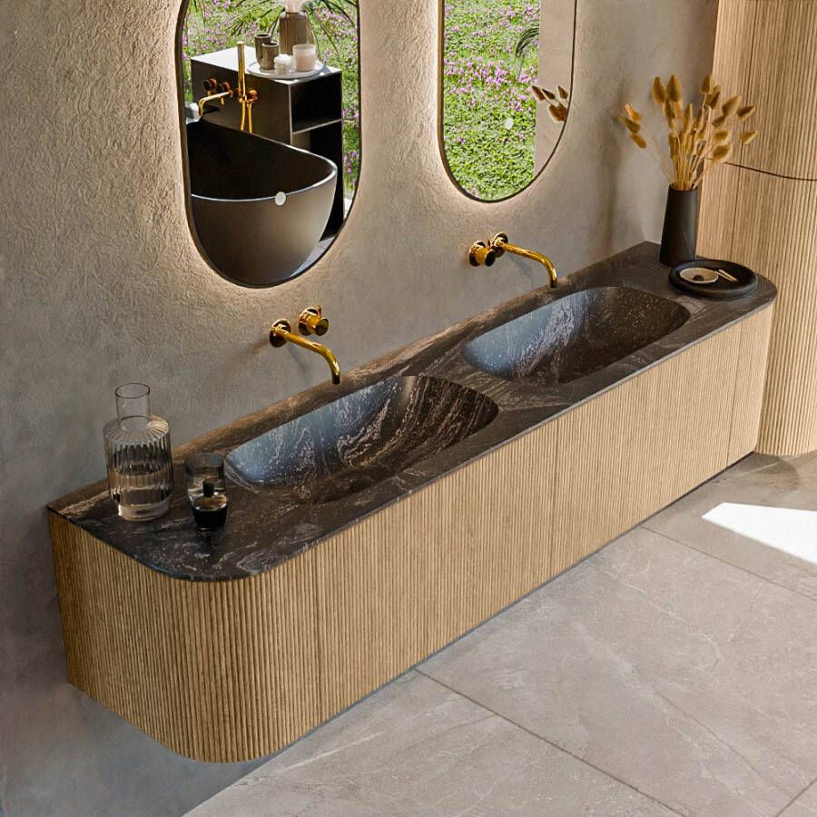 Mondiaz KURVE-DLUX 190cm badmeubel met module 25 Len R kleur Oak met 2 lades en 2 deuren. Wastafel STOR SMALL dubbel zonder kraangat kleur Lava. KRVSTS190L+R2L2D0KD-Oak Lav