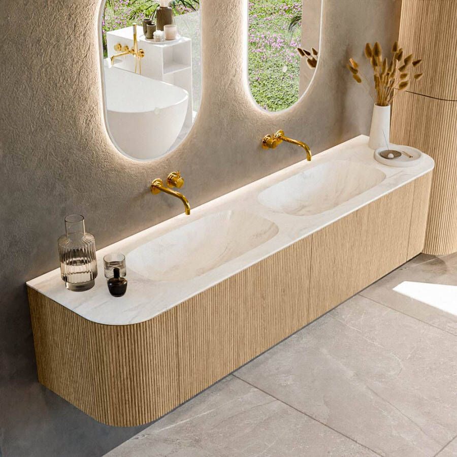 Mondiaz KURVE-DLUX 190cm badmeubel met module 25 Len R kleur Oak met 2 lades en 2 deuren. Wastafel STOR SMALL dubbel zonder kraangat kleur Ostra. KRVSTS190L+R2L2D0KD-Oak Ost