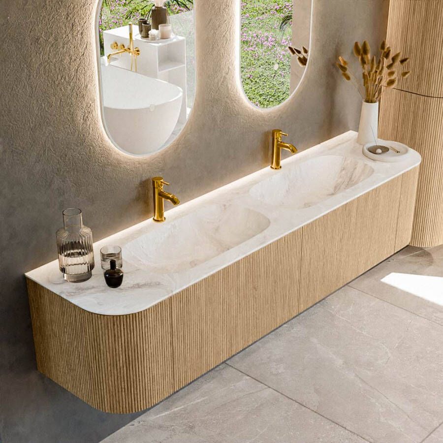 Mondiaz KURVE-DLUX 190cm badmeubel met module 25 Len R kleur Oak met 2 lades en 2 deuren. Wastafel STOR SMALL dubbel 2 kraangaten kleur Frappe. KRVSTS190L+R2L2D2KD-Oak Fra