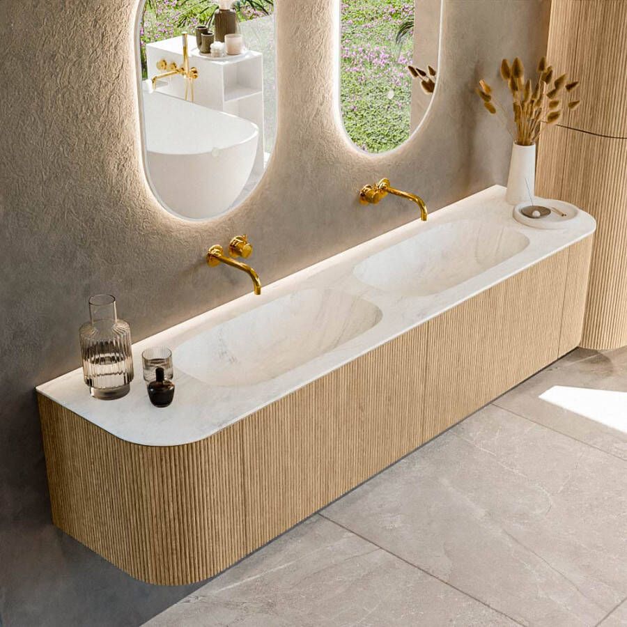 Mondiaz KURVE-DLUX 190cm badmeubel met module 25 Len R kleur Oak met 2 lades en 2 deuren. Wastafel STOR SMALL dubbel zonder kraangat kleur Opalo. KRVSTS190L+R2L2D0KD-Oak Opa