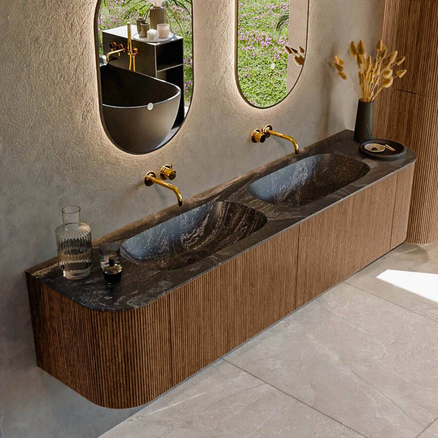 Mondiaz KURVE-DLUX 190cm badmeubel met module 25 Len R kleur Walnut met 2 lades en 2 deuren. Wastafel STOR SMALL dubbel zonder kraangat kleur Lava. KRVSTS190L+R2L2D0KD-Wal Lav
