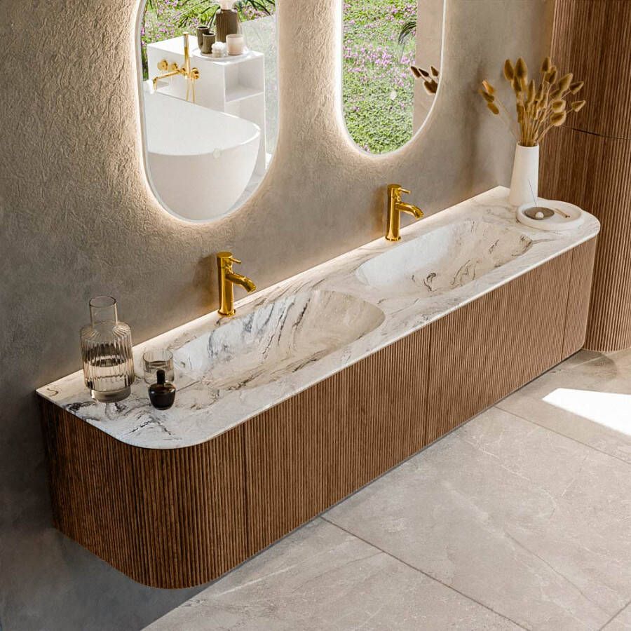 Mondiaz KURVE-DLUX 190cm badmeubel met module 25 Len R kleur Walnut met 2 lades en 2 deuren. Wastafel STOR SMALL dubbel 2 kraangaten kleur Glace. KRVSTS190L+R2L2D2KD-Wal Gla