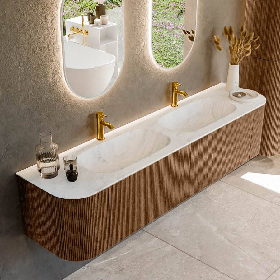 Mondiaz KURVE-DLUX 190cm badmeubel met module 25 Len R kleur Walnut met 2 lades en 2 deuren. Wastafel STOR SMALL dubbel 2 kraangaten kleur Opalo. KRVSTS190L+R2L2D2KD-Wal Opa
