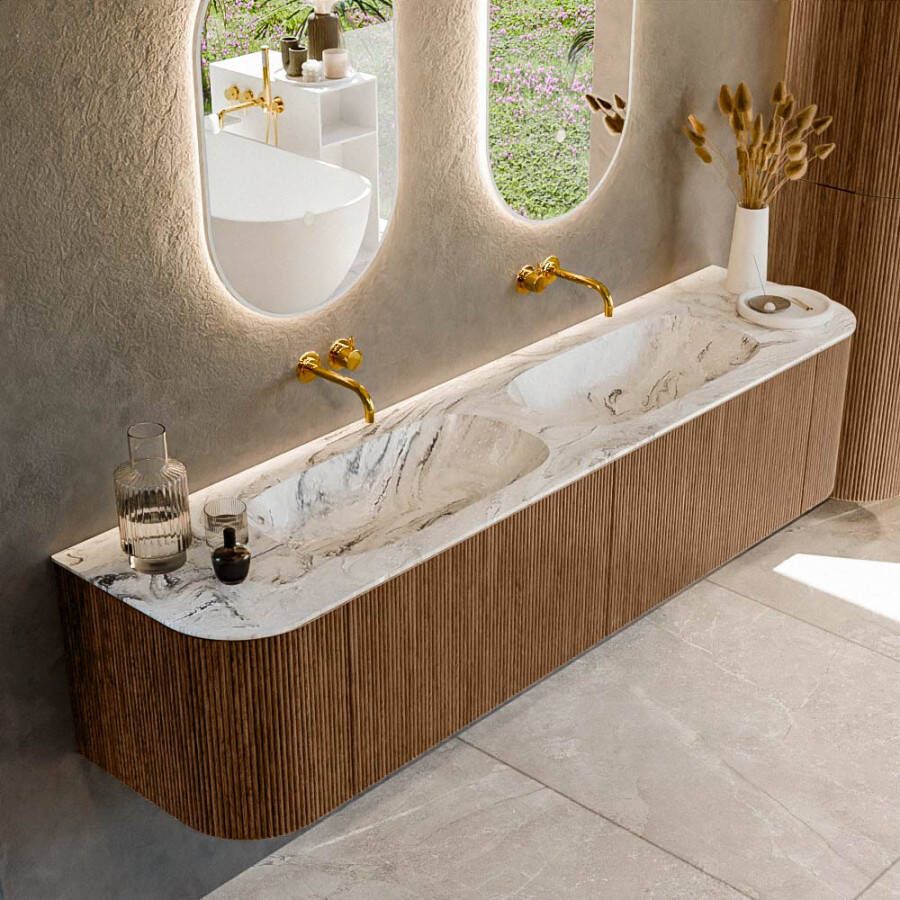 Mondiaz KURVE-DLUX 190cm badmeubel met module 25 Len R kleur Walnut met 2 lades en 2 deuren. Wastafel STOR SMALL dubbel zonder kraangat kleur Glace. KRVSTS190L+R2L2D0KD-Wal Gla
