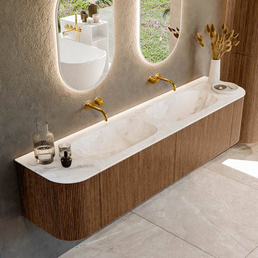 Mondiaz KURVE-DLUX 190cm badmeubel met module 25 Len R kleur Walnut met 2 lades en 2 deuren. Wastafel STOR SMALL dubbel zonder kraangat kleur Frappe. KRVSTS190L+R2L2D0KD-Wal Fra