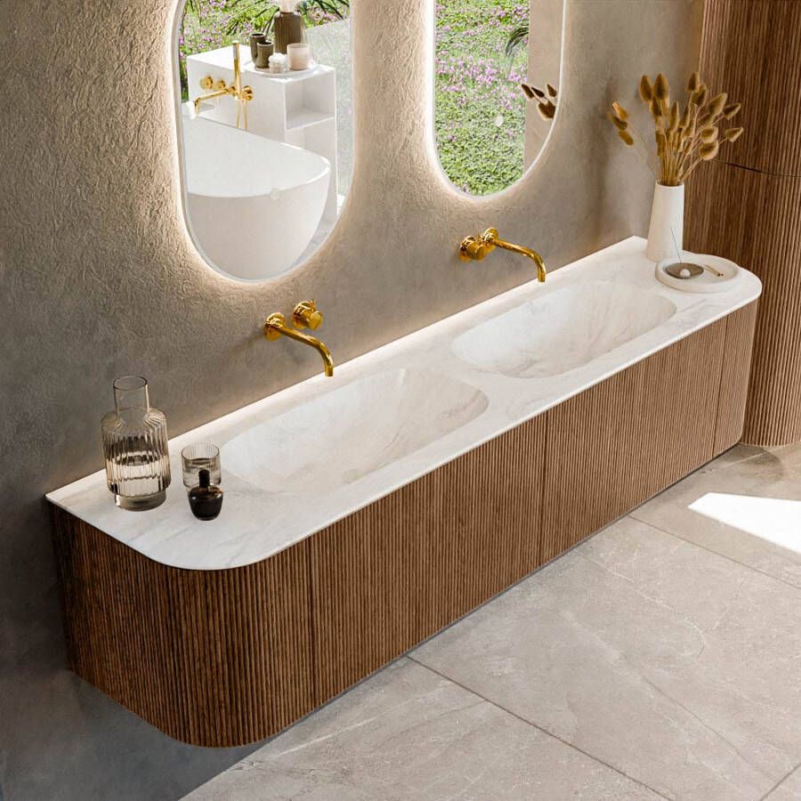 Mondiaz KURVE-DLUX 190cm badmeubel met module 25 Len R kleur Walnut met 2 lades en 2 deuren. Wastafel STOR SMALL dubbel zonder kraangat kleur Ostra. KRVSTS190L+R2L2D0KD-Wal Ost