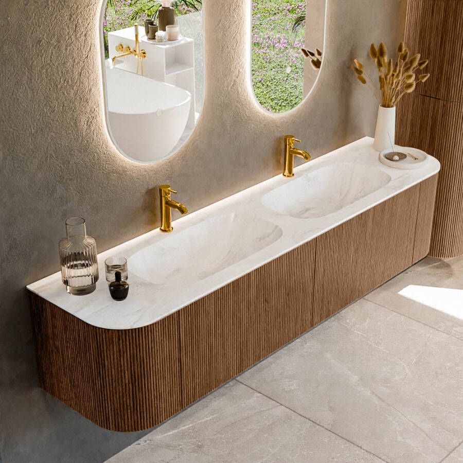 Mondiaz KURVE-DLUX 190cm badmeubel met module 25 Len R kleur Walnut met 2 lades en 2 deuren. Wastafel STOR SMALL dubbel 2 kraangaten kleur Ostra. KRVSTS190L+R2L2D2KD-Wal Ost