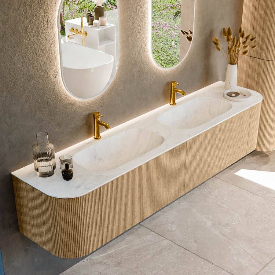 Mondiaz KURVE-DLUX 200cm badmeubel met module 25 Len R kleur Oak met 2 lades en 2 deuren. Wastafel STOR SMALL dubbel 2 kraangaten kleur Opalo. KRVSTS200L+R2L2D2KD-Oak Opa