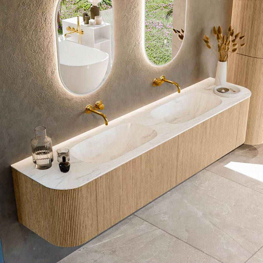 Mondiaz KURVE-DLUX 200cm badmeubel met module 25 Len R kleur Oak met 2 lades en 2 deuren. Wastafel STOR SMALL dubbel zonder kraangat kleur Ostra. KRVSTS200L+R2L2D0KD-Oak Ost