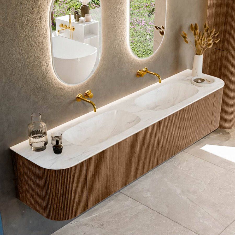 Mondiaz KURVE-DLUX 200cm badmeubel met module 25 Len R kleur Walnut met 2 lades en 2 deuren. Wastafel STOR SMALL dubbel zonder kraangat kleur Ostra. KRVSTS200L+R2L2D0KD-Wal Ost