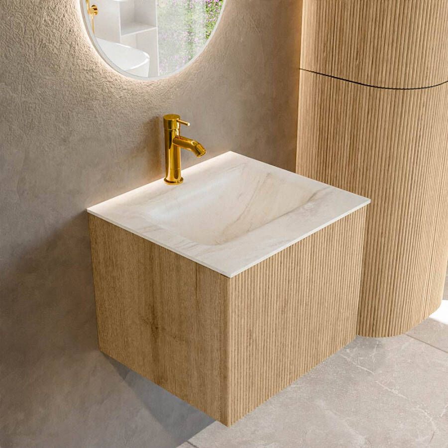 Mondiaz KURVE-DLUX 50 cm Onderkast Greeploos 1 Lade Zonder Deuren Oak Wastafel Solid Surface Midden Ostra 1 Kraangat Zonder Spiegel (KRVGRU501L0D1KM-Oak Ost)