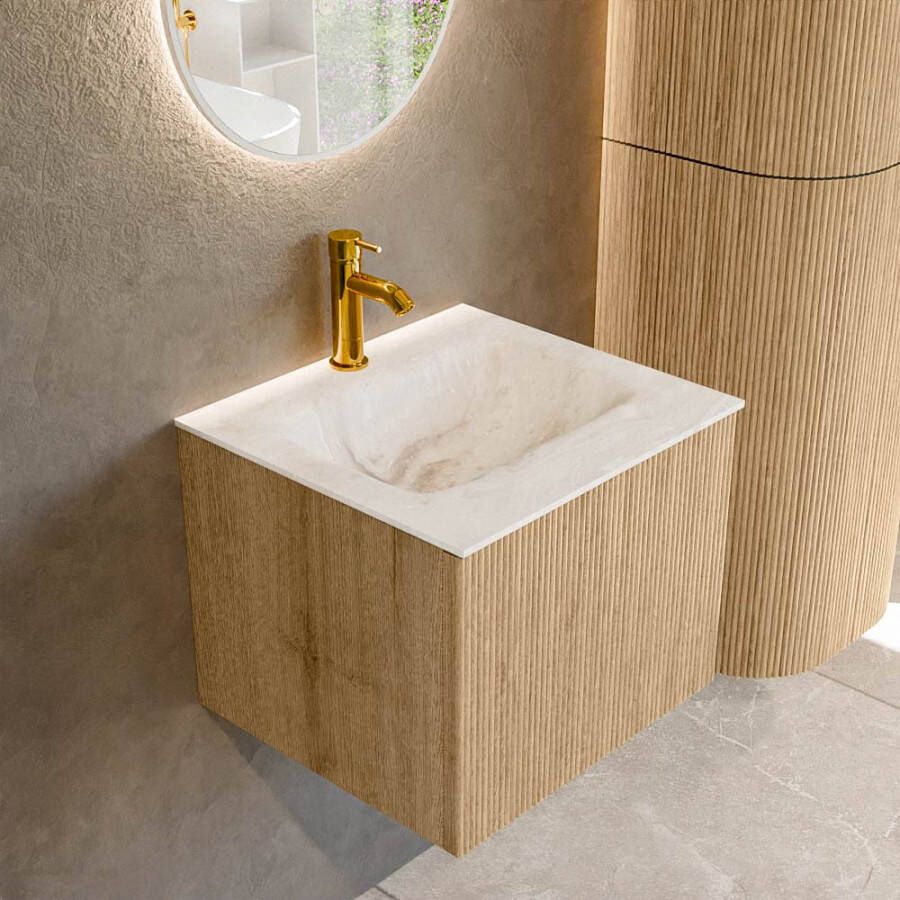 Mondiaz KURVE-DLUX 50 cm Onderkast Greeploos 1 Lade Zonder Deuren Oak Wastafel Solid Surface Midden Frappe 1 Kraangat Zonder Spiegel (KRVGRU501L0D1KM-Oak Fra)