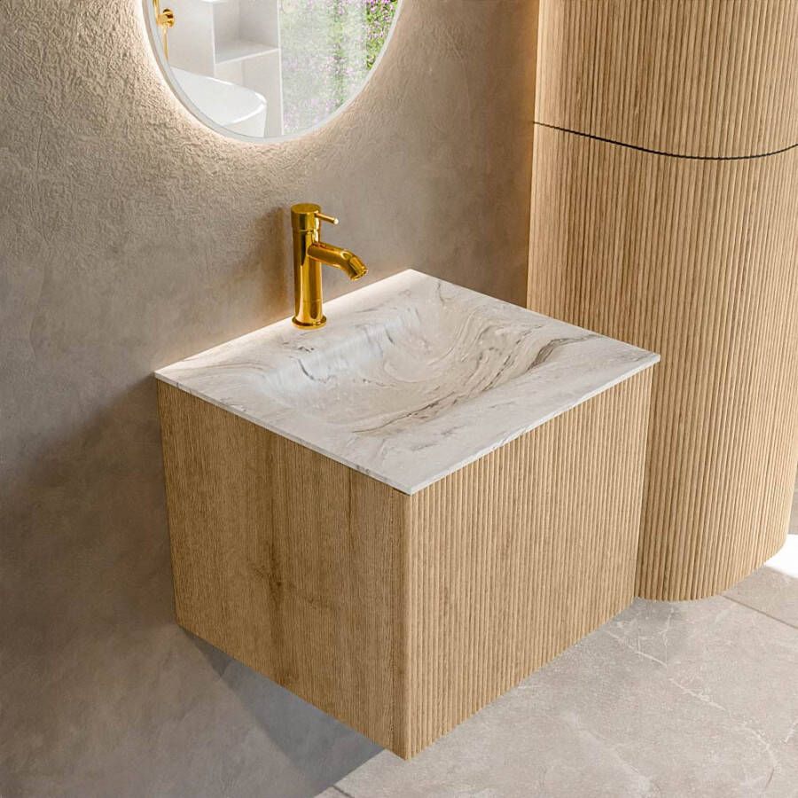 Mondiaz KURVE-DLUX 50 cm Onderkast Greeploos 1 Lade Zonder Deuren Oak Wastafel Solid Surface Midden Glace 1 Kraangat Zonder Spiegel (KRVGRU501L0D1KM-Oak Gla)
