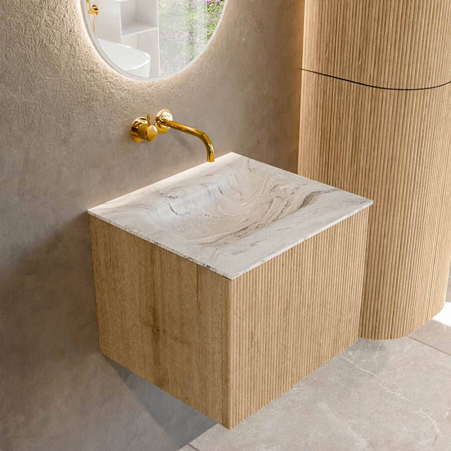 Mondiaz KURVE-DLUX 50 cm Onderkast Greeploos 1 Lade Zonder Deuren Oak Wastafel Solid Surface Midden Glace 0 Kraangaten Zonder Spiegel (KRVGRU501L0D0KM-Oak Gla)