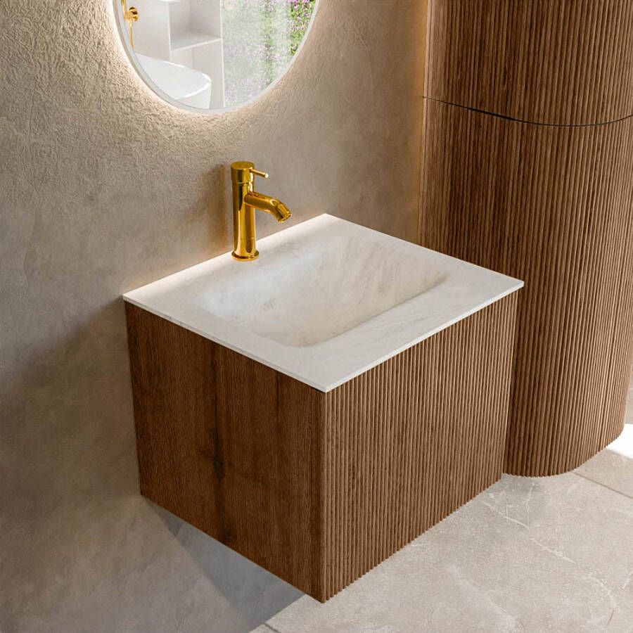 Mondiaz KURVE-DLUX 50 cm Onderkast Greeploos 1 Lade Zonder Deuren Walnut Wastafel Solid Surface Midden Opalo 1 Kraangat Zonder Spiegel (KRVGRU501L0D1KM-Wal Opa)