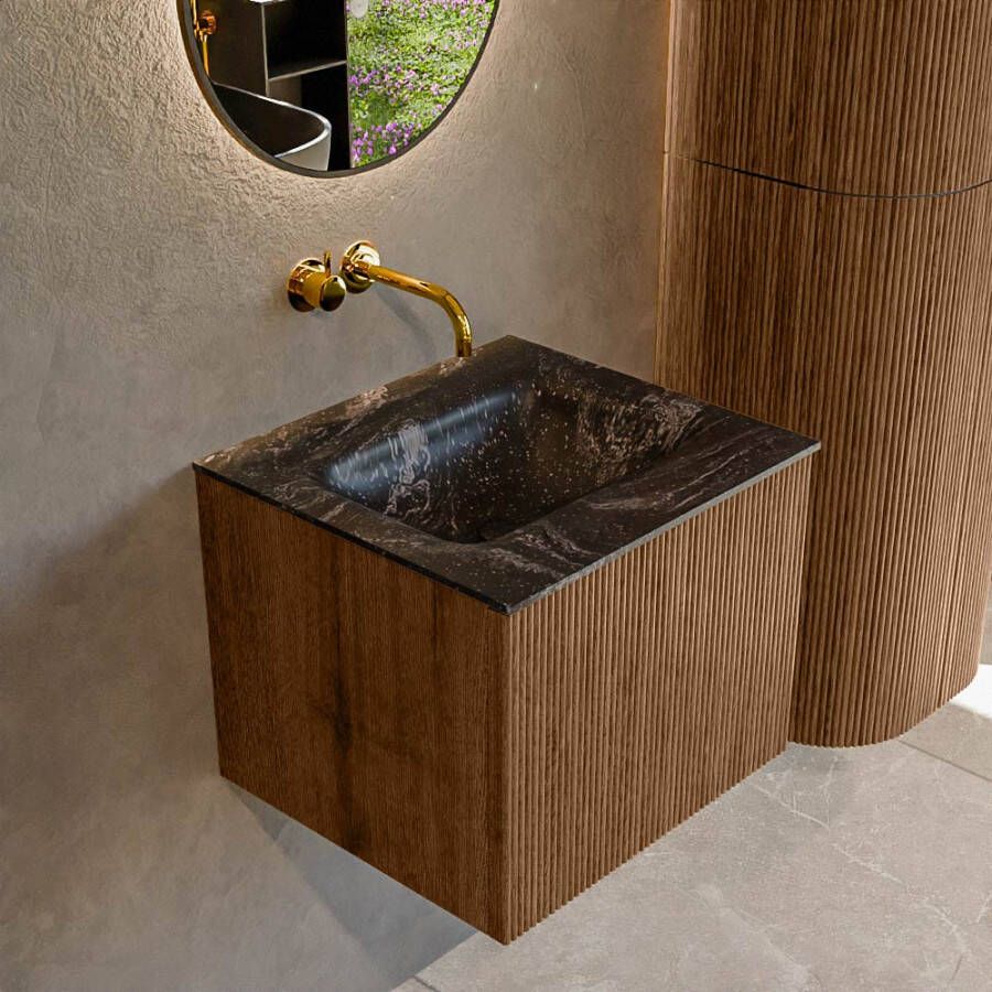 Mondiaz KURVE-DLUX 50 cm Onderkast Greeploos 1 Lade Zonder Deuren Walnut Wastafel Solid Surface Midden Lava 0 Kraangaten Zonder Spiegel (KRVGRU501L0D0KM-Wal Lav)