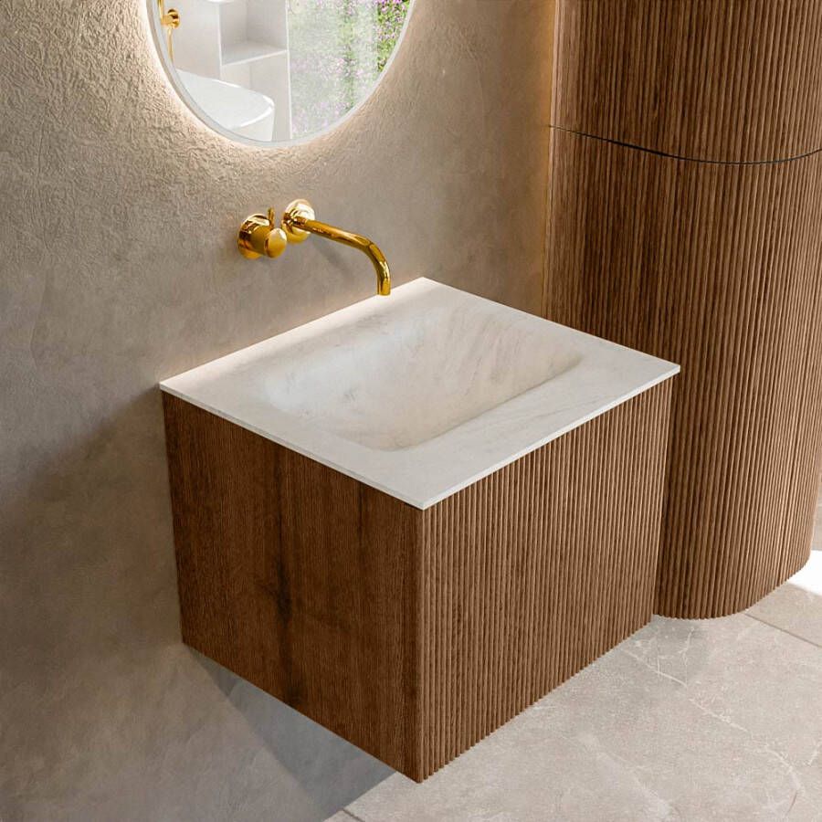 Mondiaz KURVE-DLUX 50 cm Onderkast Greeploos 1 Lade Zonder Deuren Walnut Wastafel Solid Surface Midden Opalo 0 Kraangaten Zonder Spiegel (KRVGRU501L0D0KM-Wal Opa)