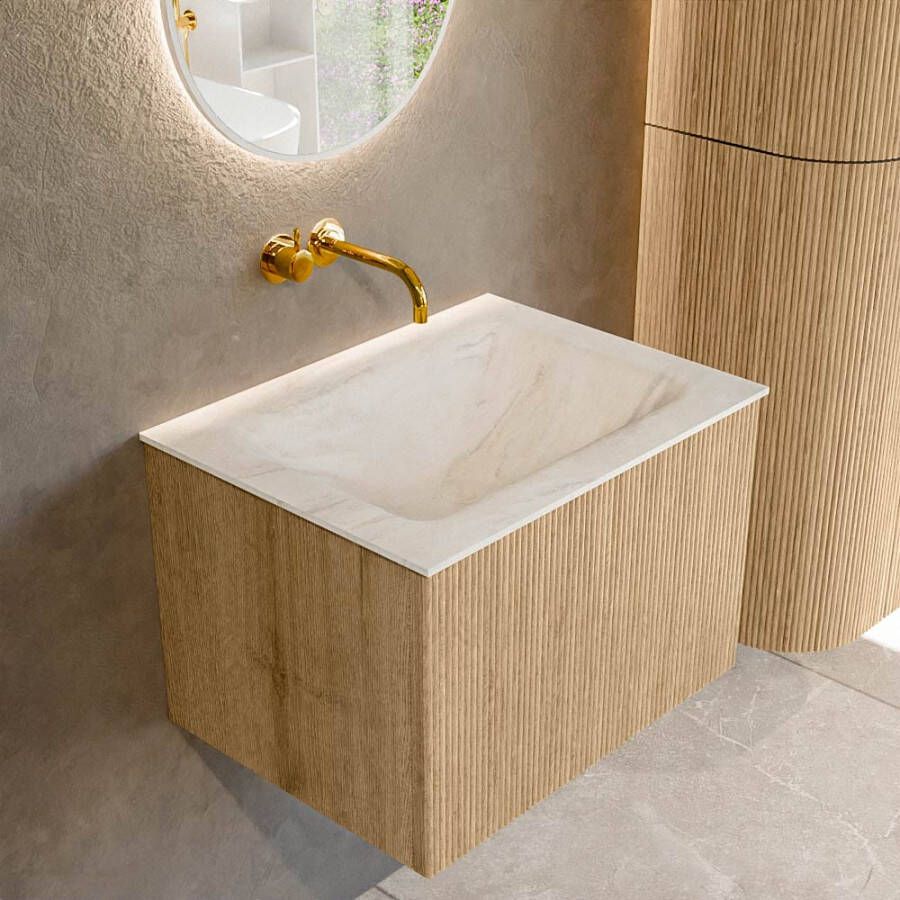 Mondiaz KURVE-DLUX 60 cm Onderkast Greeploos 1 Lade Zonder Deuren Oak Wastafel Solid Surface Midden Ostra 0 Kraangaten Zonder Spiegel (KRVCLO601L0D0KM-Oak Ost)